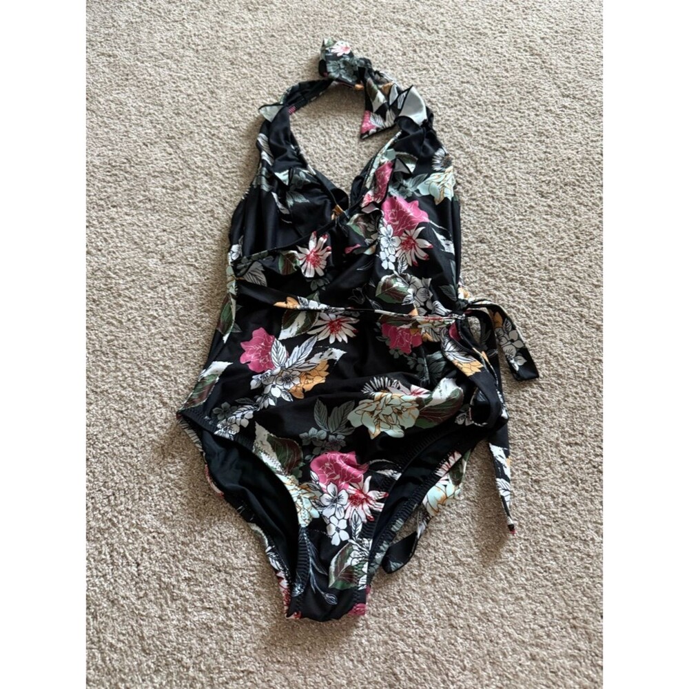 ModCloth Waist Tie Black Floral Halter One-Piece Swimsuit Size XS